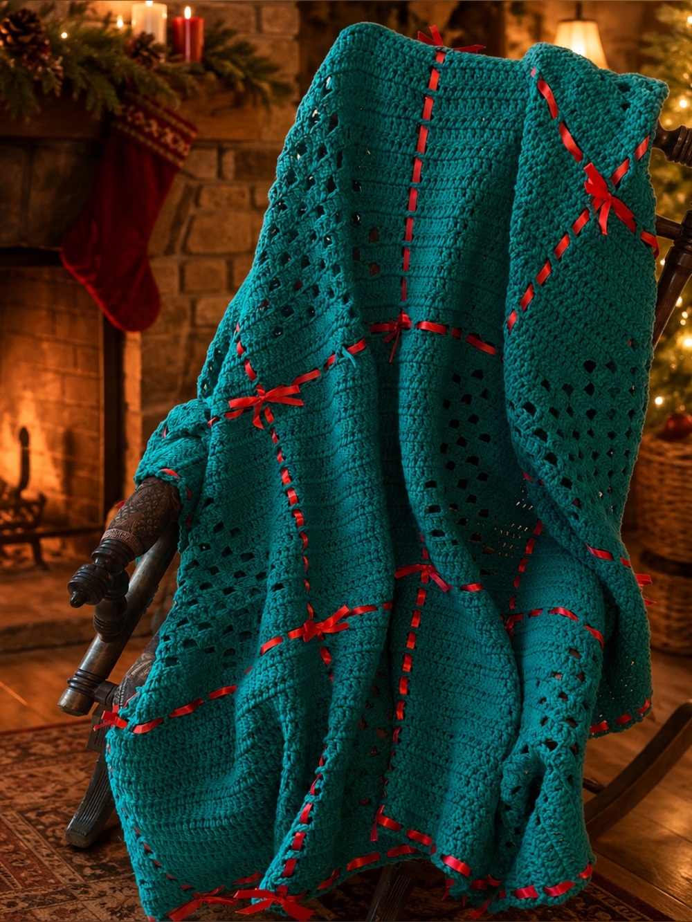 Vintage Hand Crocheted Christmas Afghan Throw Red Ribbon Holiday Blanket 54x75